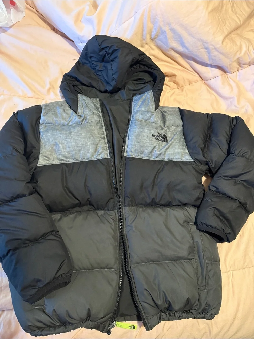 The North Face Black Puffer Jacket with Gray Shoulder Panels - Boys